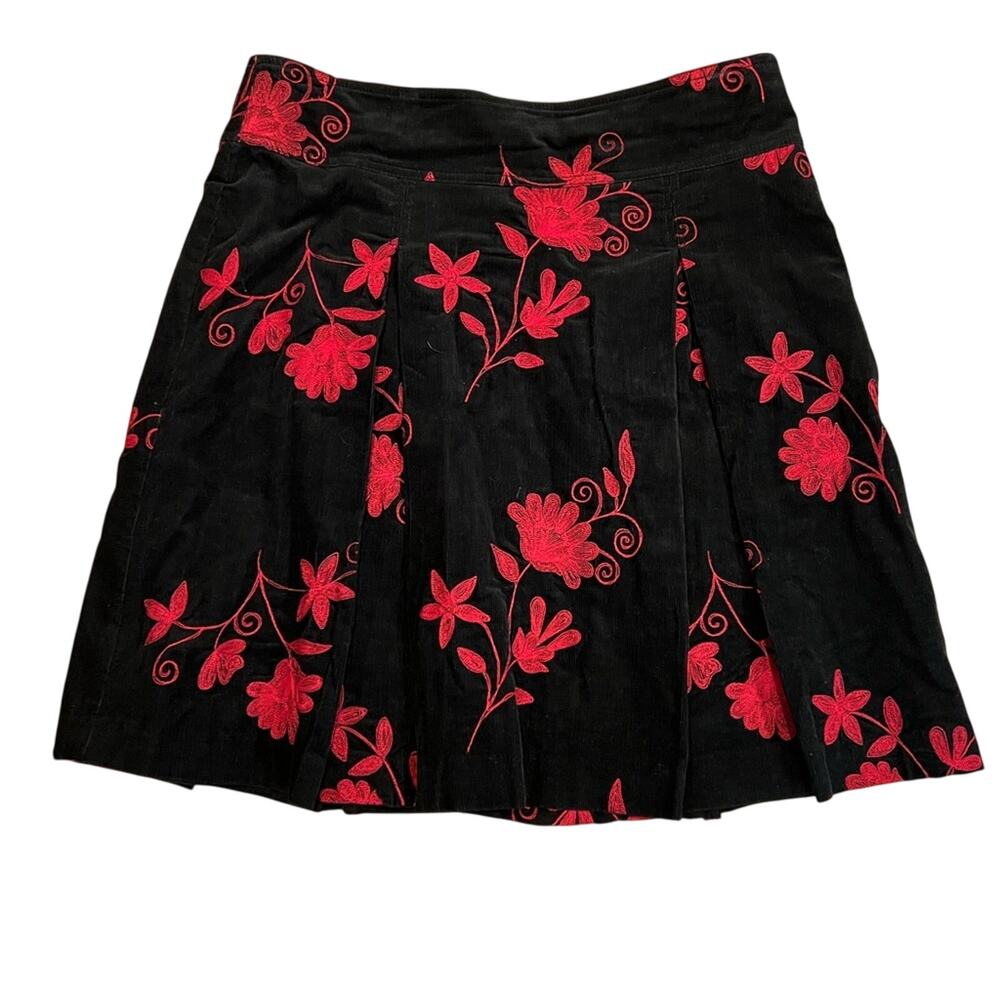 H&M Red Black Floral Embroidered Corduroy Pleated Skirt Y2K Whimsigoth - 14
